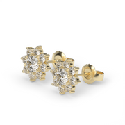 Yellow Gold Round Shape Diamond Flower Style Earrings With Prong Setting.